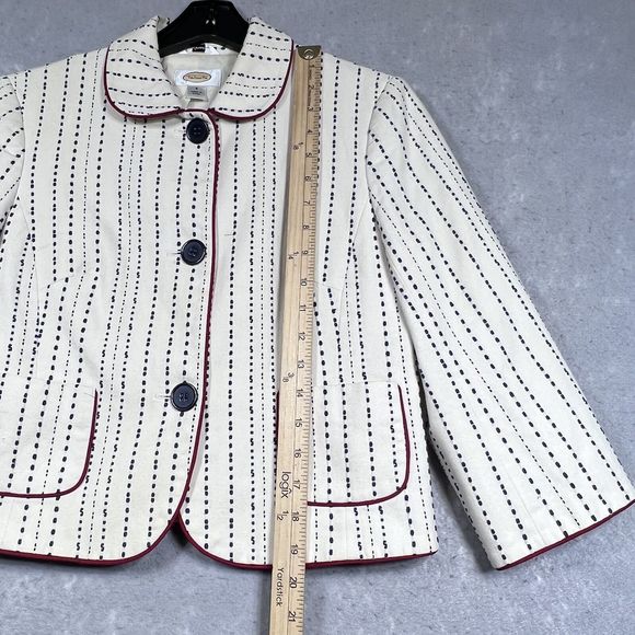Talbots Blazer Womens Size 8 Blue Embroidered Stripes Red Trim Cotton Jacket - Picture 8 of 13